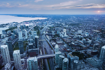 Aerial panorama of Toronto at sunset