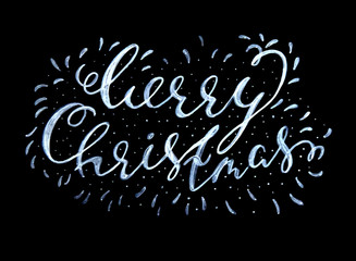 Merry Christmas textured handwritten calligraphic inscription on a black background. Design element for banner, card, invitation, label, postcard, template, vignette etc. Vector illustration
