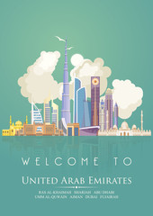 Fototapeta premium Wektor plakat podróżny z Zjednoczonych Emiratów Arabskich. Szablon ZEA z nowoczesnymi budynkami i meczetem w jasnym stylu.