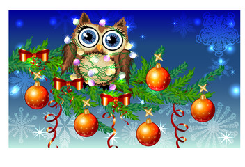 Lovely cartoon owl tangled in a garland of glowing light bulbs on a spruce branch decorated with balls, garlands. Christmas card