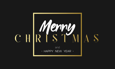 Fototapeta na wymiar Merry Christmas and Happy New Year Luxury black and gold Design. Golden lettering template for your banner or flyer. Phrase in frame.