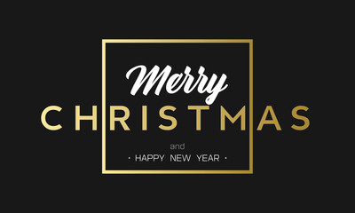 Merry Christmas and Happy New Year Luxury black and gold Design. Golden lettering template for your banner or flyer. Phrase in frame.