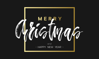 Fototapeta na wymiar Merry Christmas and Happy New Year Luxury black and gold Design. Golden lettering template for your banner or flyer. Phrase in frame.