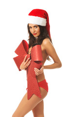 Santa woman covering her body by ribbon