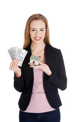 Beautiful caucasian business woman holding dollar curency and money. 