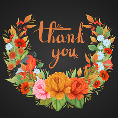 Flower wreath and hand-written lettering Thank you