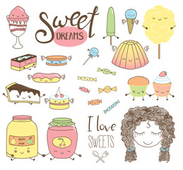 Set of different hand drawn sweet food doodles, with kawaii cartoon faces, wings, arms and legs, girl face, typography elements. Isolated objects on white background. Design concept dessert, kids.