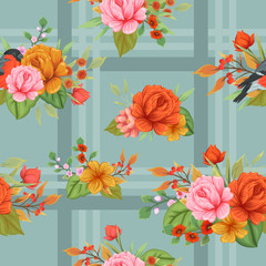 Seamless pattern with beautiful flowers and birds