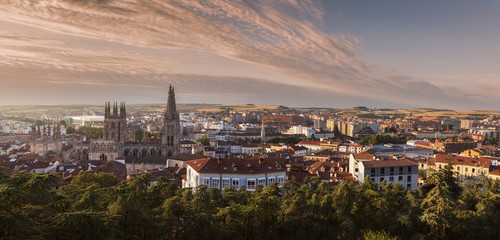 Burgos Cathedral and city panorama at sunrise - obrazy, fototapety, plakaty