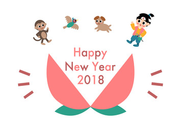 2018年年賀状イラスト: 桃と桃太郎と猿と犬とキジ