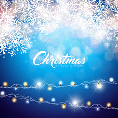 Naklejka na ściany i meble Vector Merry Christmas Illustration on Shiny Snowflake Background with Typography and Holiday Light Garland. Happy New Year Design.