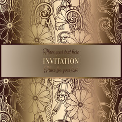 Abstract background with flowers, luxury beige and gold vintage tracery made of daisy flowers, damask floral wallpaper ornaments, invitation card, baroque style booklet, fashion patter