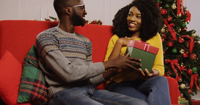 Young African American couple in love sitting on the red couch in the cozy Christmas decorated room with a nice Christmas tree behind them. Handsome man handed Christmas present to his girlfriend and
