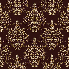 Floral vintage damask seamless pattern. Vector flourish dark red background wallpaper fabric with hand drawn gold swirl flowers, line art tracery ornaments. Endless luxury texture. Floral design.