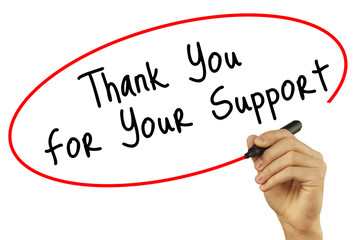 Man Hand writing Thank you For Your Support with black marker on visual screen. Isolated on background. Business, technology, internet concept. Stock Photo