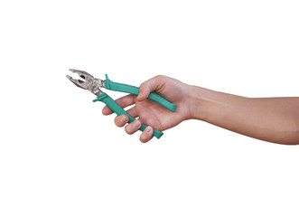 Pliers in the hands. Isolated on white background