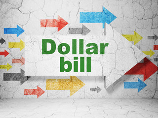 Banking concept:  arrow with Dollar Bill on grunge textured concrete wall background, 3D rendering