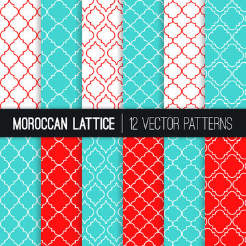 Turquoise Red Moroccan Lattice Vector Patterns. Modern Elegant Aqua Blue and Red Christmas Backgrounds. Classic Quatrefoil Trellis Ornament. Vector Pattern Tile Swatches Included.