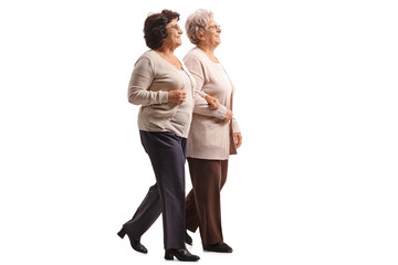 Two elderly women walking together