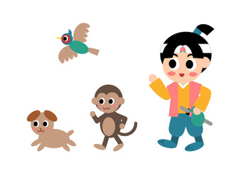 桃太郎と犬と猿とキジのイラスト
