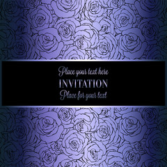 Romantic background with antique, luxury black, metal blue vintage card with roses, victorian banner, made of rose swirls wallpaper ornaments, invitation card, baroque style booklet with text