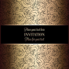 Abstract background with roses, luxury black and gold vintage frame, victorian banner, damask floral wallpaper ornaments, invitation card, baroque style booklet, fashion pattern, template for design