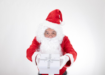 Santa claus give a box gift on white background