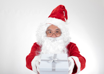 Santa claus give a box gift on white background