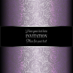 Romantic background with antique, luxury black, metal lilac vintage card, victorian banner, rose flower wallpaper ornaments, invitation card, baroque style booklet with text