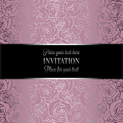 Romantic background with antique, luxury black, metal silver vintage card with roses, victorian banner, made of rose swirls wallpaper ornaments, invitation card, baroque style booklet with text
