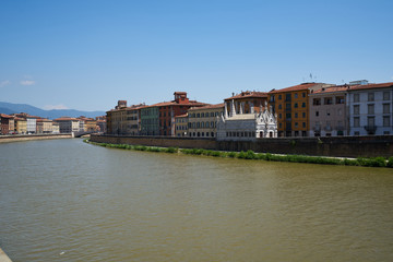 View of Pisa and Arno River from Ponte della Cittadella bridge