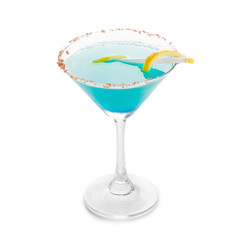 Blue Hawaiian Cocktail in a martini glasses, isolated on white back ground