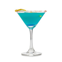 Blue Hawaiian Cocktail in a martini glasses, isolated on white back ground