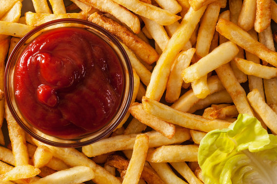 French fries and ketchup closeup