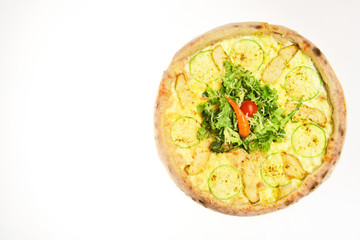 Pizza with cheese, zucchini and squash isolated on white background