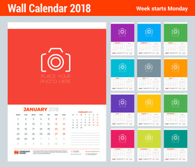 Vector calendar planner template for 2018 year. Set of 12 months. Vector design print template with place for photo. Week starts on Monday