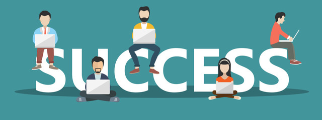 Flat design of people sitting on big letters and working. Success concept illustration of young people having the workshop and brainstorming for new brand to achieve successful business result.