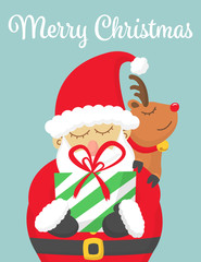 Santa Claus and his baby reindeer giving gift, Santa Claus postcard, Merry Christmas and Happy New Year