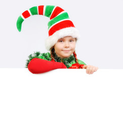 Girl Santa's elf with the white banner.