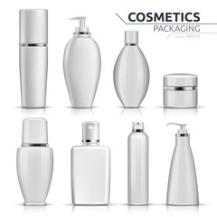 Realistic Cosmetic bottles mock up set on white background. Blank templates of empty and clean white plastic containers. Vector packaging tubes collections