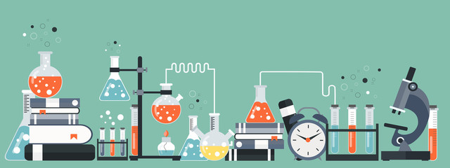 Fototapeta Laboratory equipment banner. Concept for science, medicine and knowledge. Flat vector illustration obraz