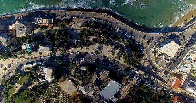 Birds eye shot of Jaffa Beach in Tel Aviv moving forward
