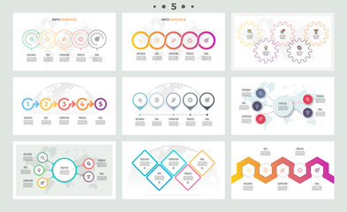 Fototapeta na wymiar Set of infographic elements. Presentations, graphs, charts, diagrams with 5 steps, options. Vector templates.