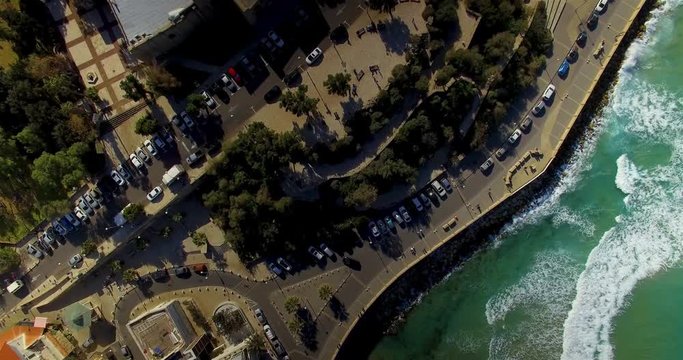 Birds eye shot of the streets of Tel Aviv next to the Mediterranean