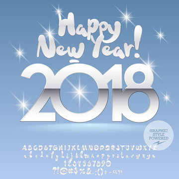 Vector snow Happy New Year 2018 Greeting Card with set of Letters, Symbols and Numbers. Silver Font contains Graphic Style