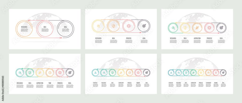 Wall mural Business process. Timelines with 3, 4, 5, 6, 7, 8 options, circles. Vector templates.