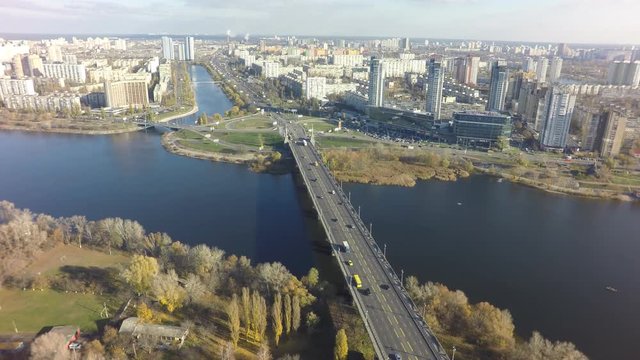 aerial view of Paton bridge in Kiev, Ukraine, raw, 4K