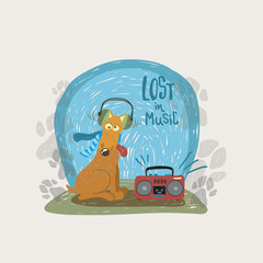 Funny cartoon dog in headphone listen to music, vector illustration