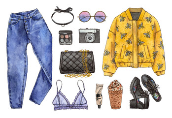 watercolor hand painted sketch fashion outfit, a set of clothes and accessories. casual style. 90s old school style. isolated elements