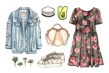 watercolor hand drawing sketch fashion outfit, a set of clothes and accessories. casual style. 90s old school style. isolated elements